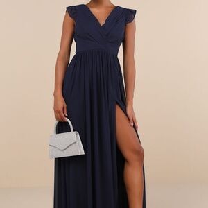 Lulus Gorgeous Goal Navy Pleated Backless Surplice Maxi Dress Blue - Size S